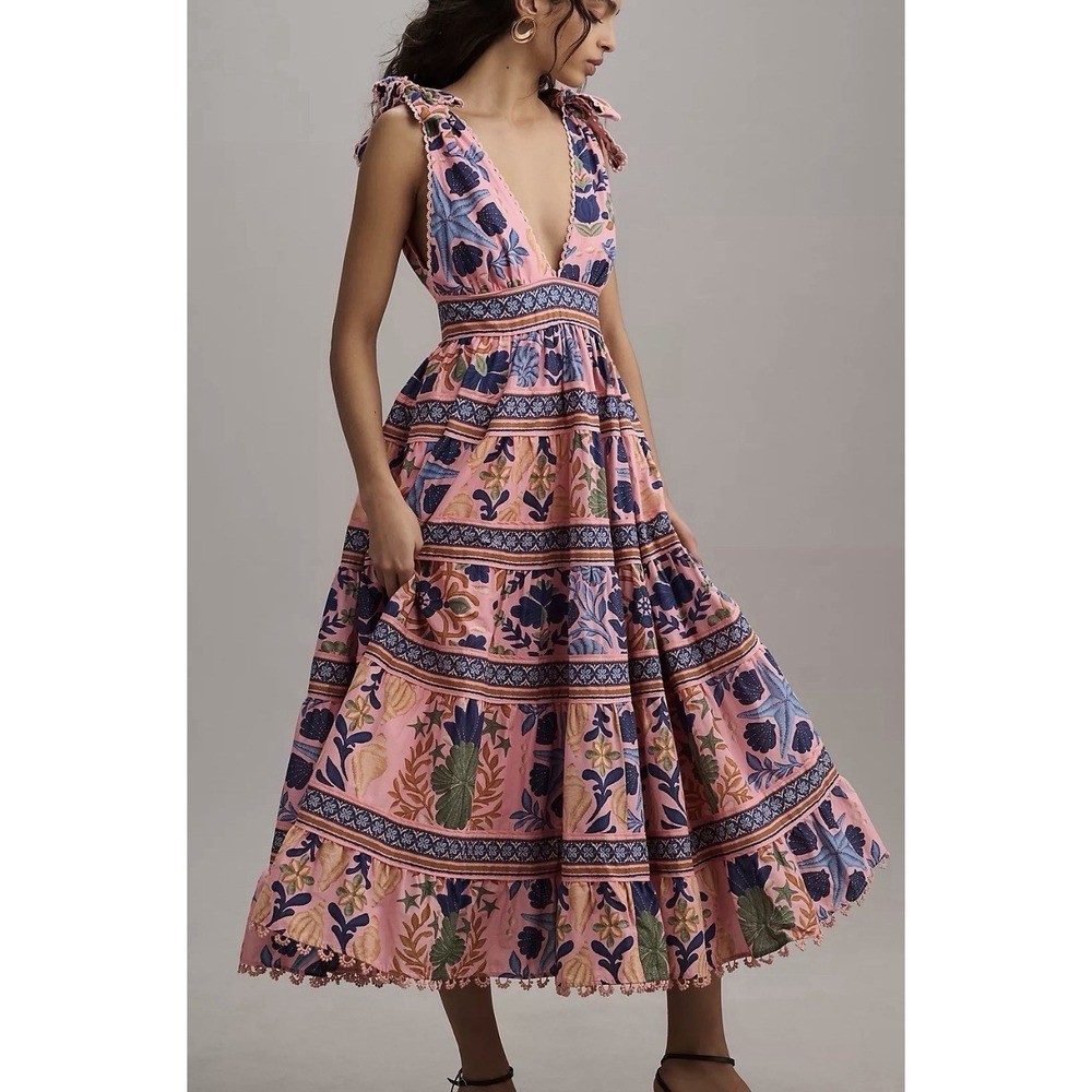 Farm Rio Pink Seashell Tapestry Sleeveless Midi Dress (Size M) - Boho, Playful